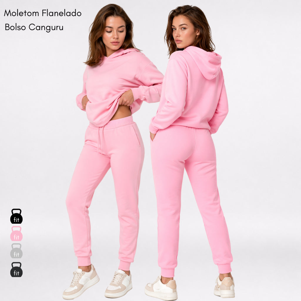 Conjunto de Moletom Feminino, Com Capuz, Com Bolso Canguru, Flanelado