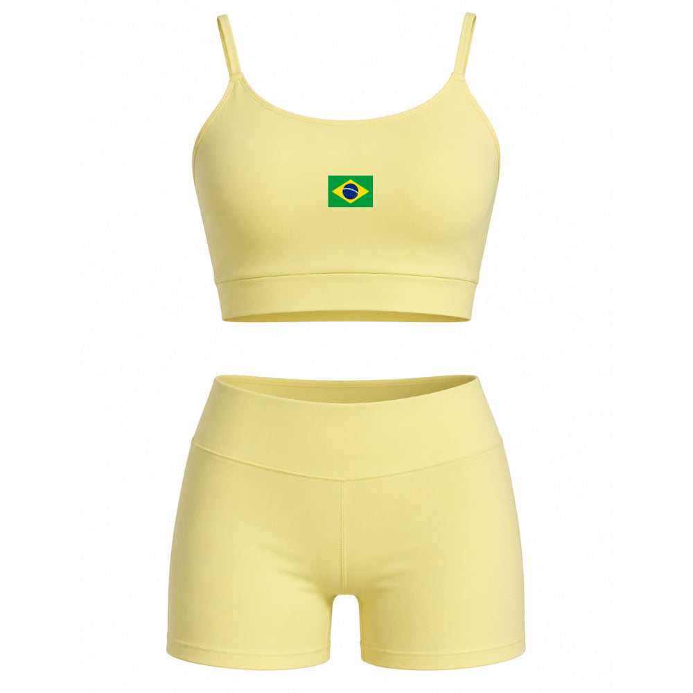 Conjunto Com Faixa Zero Transparência, Copa, Amarelo, Esportivo, Academia, Tecido Grosso, Feminino
