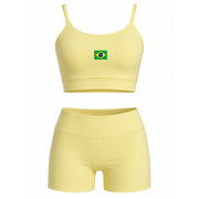Conjunto Com Faixa Zero Transparência, Copa, Amarelo, Esportivo, Academia, Tecido Grosso, Feminino