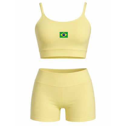 Conjunto Com Faixa Zero Transparência, Copa, Amarelo, Esportivo, Academia, Tecido Grosso, Feminino
