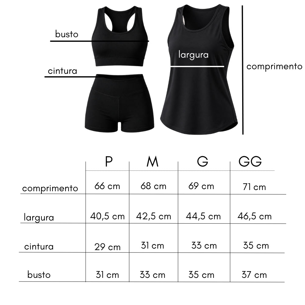 Kit 3 Peças Fitness, Top, Short Curto e Regata Tapa Bumbum, Academia, Crossfit, Corrida