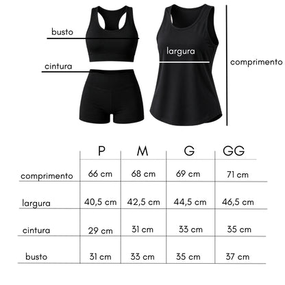 Kit 3 Peças Fitness, Top, Short Curto e Regata Tapa Bumbum, Academia, Crossfit, Corrida