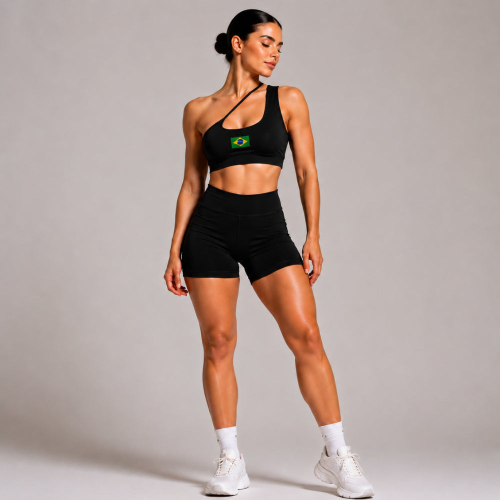Conjunto Assimétrico Curto Brasil Feminino, Esportivo, Academia, Treino, Crossfit, Suplex