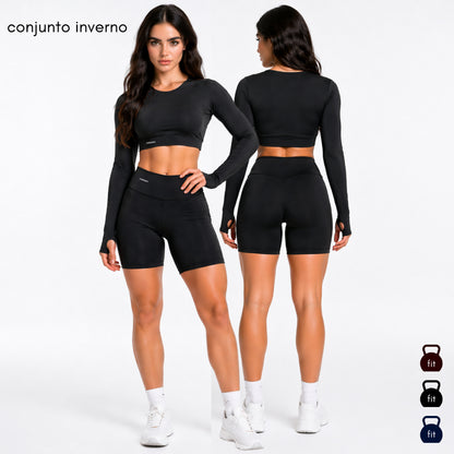 Conjunto Bella Top/Cropped Manga Longa + Bermuda Cicllista