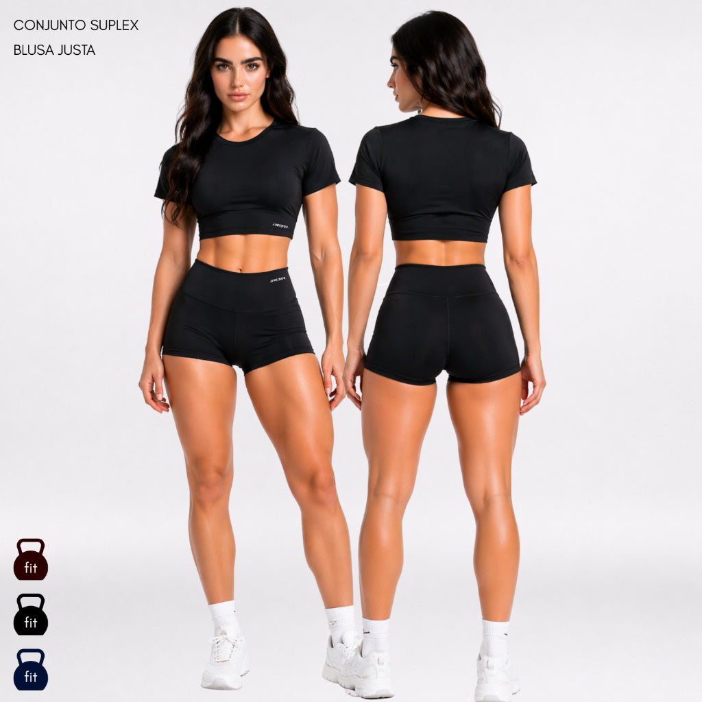Conjunto Bella Fit- Blusa Cropped Suplex e Short Curto