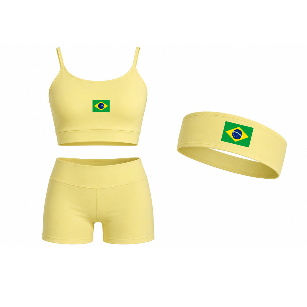 Conjunto Com Faixa Zero Transparência, Copa, Amarelo, Esportivo, Academia, Tecido Grosso, Feminino