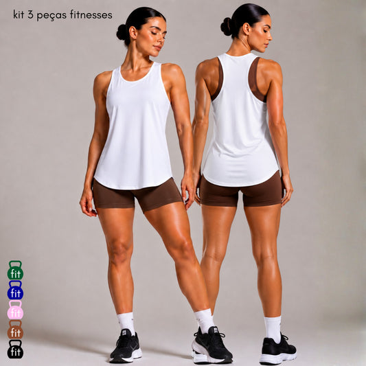 Kit 3 Peças Fitness, Top, Short Curto e Regata Tapa Bumbum, Academia, Crossfit, Corrida