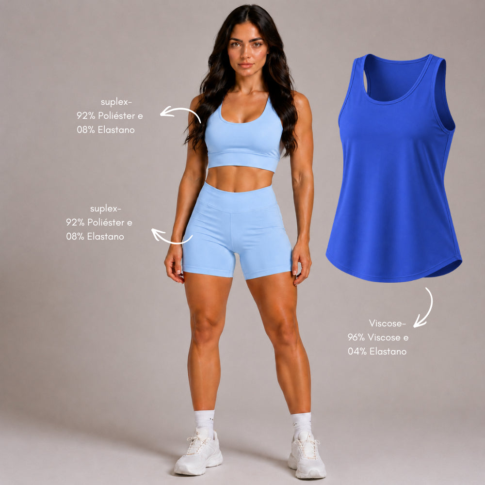 Kit 3 Peças Fitness, Top, Short Curto e Regata Tapa Bumbum, Academia, Crossfit, Corrida