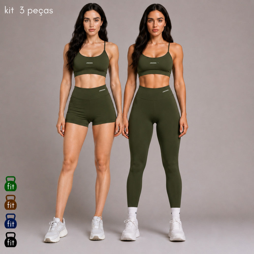 Kit 3 Peças Conjunto Virginia Top + Short + Legging Fitness Poliéster