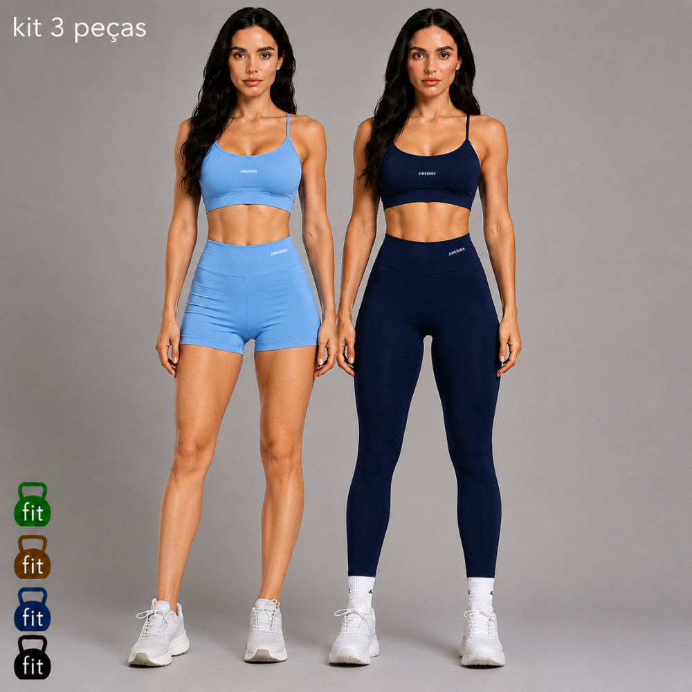 Kit 3 Peças Conjunto Virginia Top + Short + Legging Fitness Poliéster