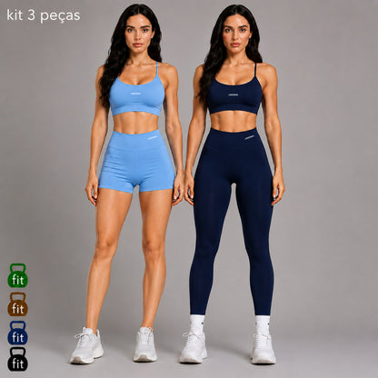 Kit 3 Peças Conjunto Virginia Top + Short + Legging Fitness Poliéster