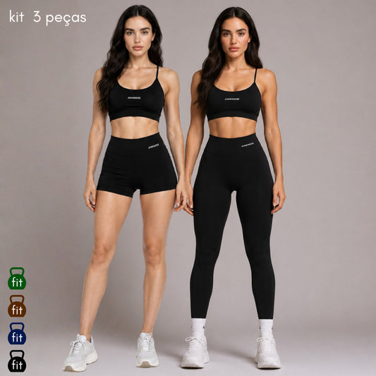 Kit 3 Peças Conjunto Virginia Top + Short + Legging Fitness Poliéster