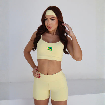 Conjunto Com Faixa Zero Transparência, Copa, Amarelo, Esportivo, Academia, Tecido Grosso, Feminino
