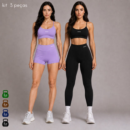 Kit 3 Peças Conjunto Virginia Top + Short + Legging Fitness Poliéster