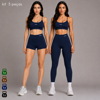 Kit 3 Peças Conjunto Virginia Top + Short + Legging Fitness Poliéster