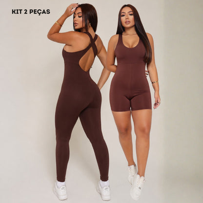 Kit 2 Macaquinhos X Longo e Curto Esportivo Feminino Academia Alça Larga Suplex Elástico Forrado